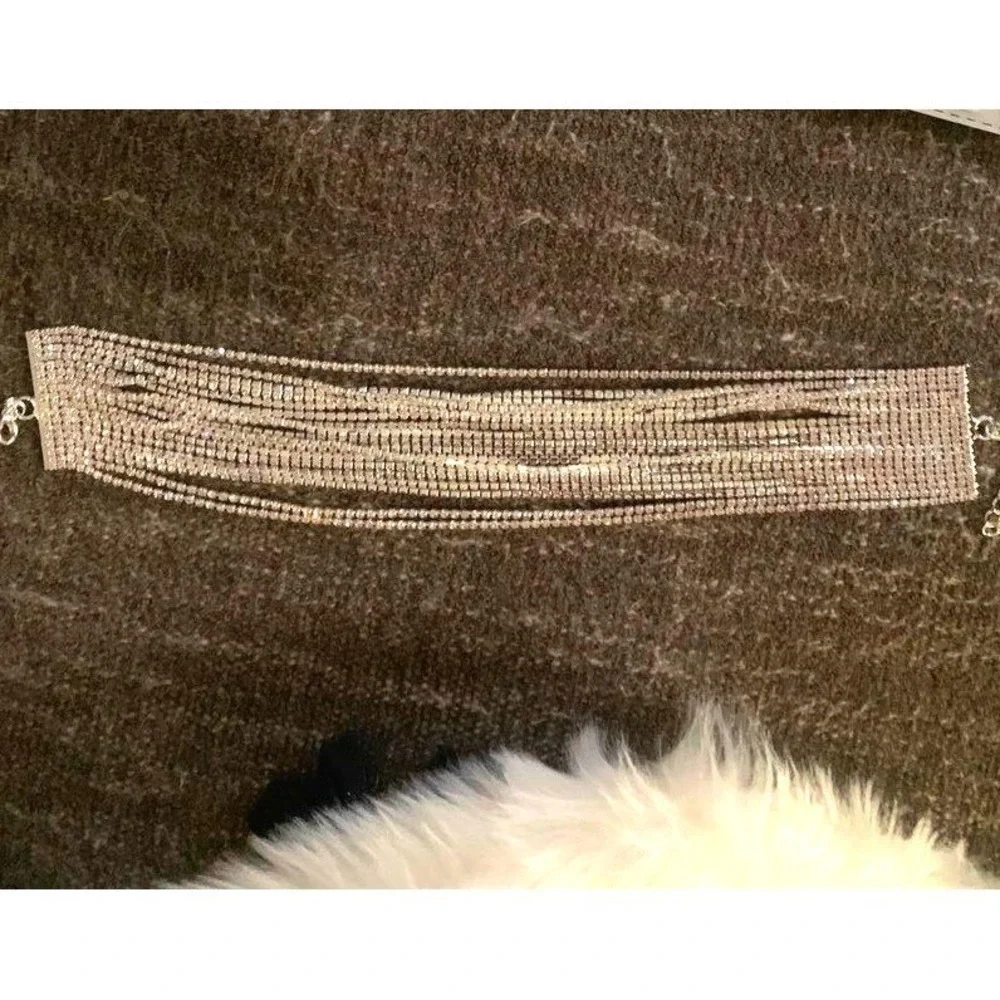 Silver Rhinestone Clear White Multi-Strand Choker Necklace Sparkling Statement - Picture 4 of 5